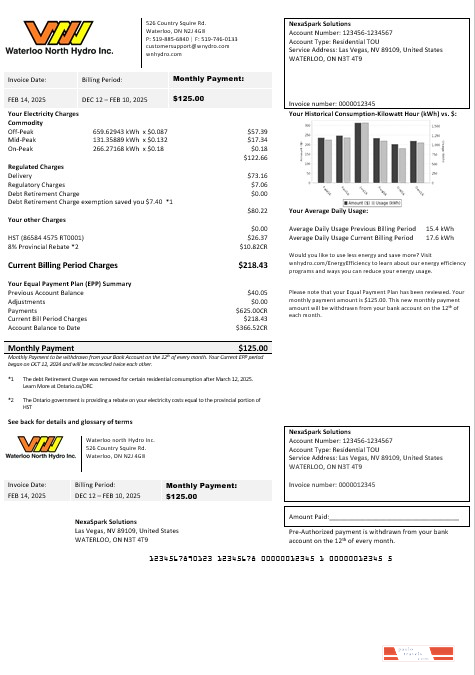 USA Nevada Waterloo North Hydro business utility bill template in Word and PDF formats (version 2)